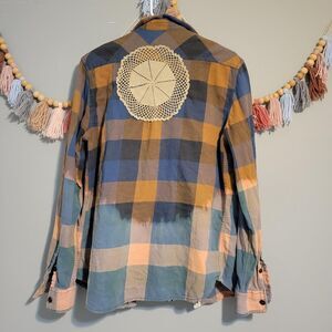 Vans Women's Orange Blue Reworked Crotchet Flannel Shirt Grunge Skater Alt Emo